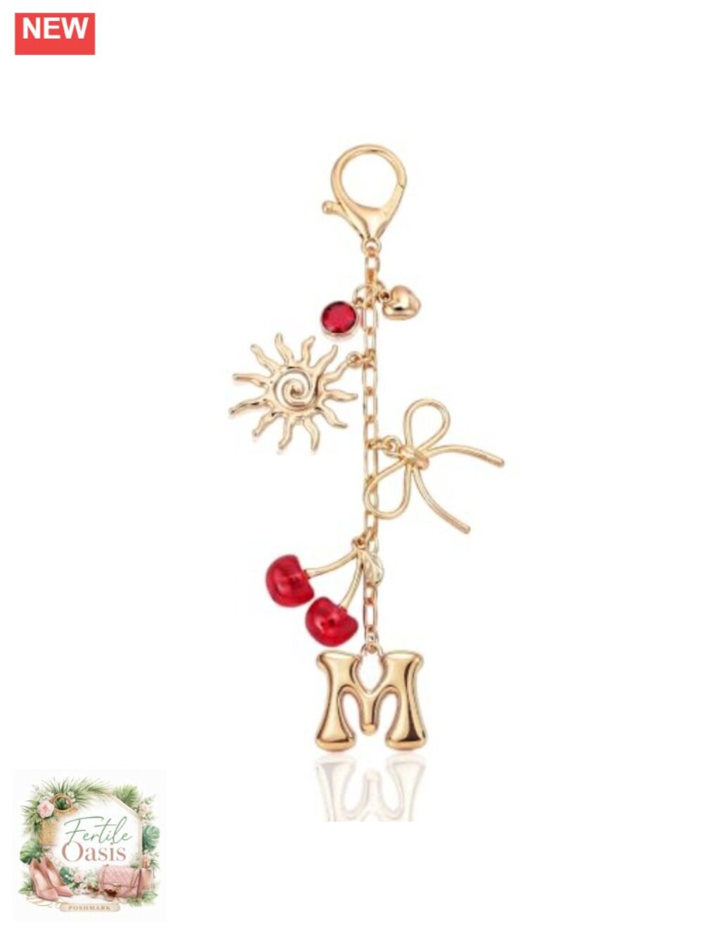 Cherry Charm Keychain with Bow Initials, Metal Purse Accessory